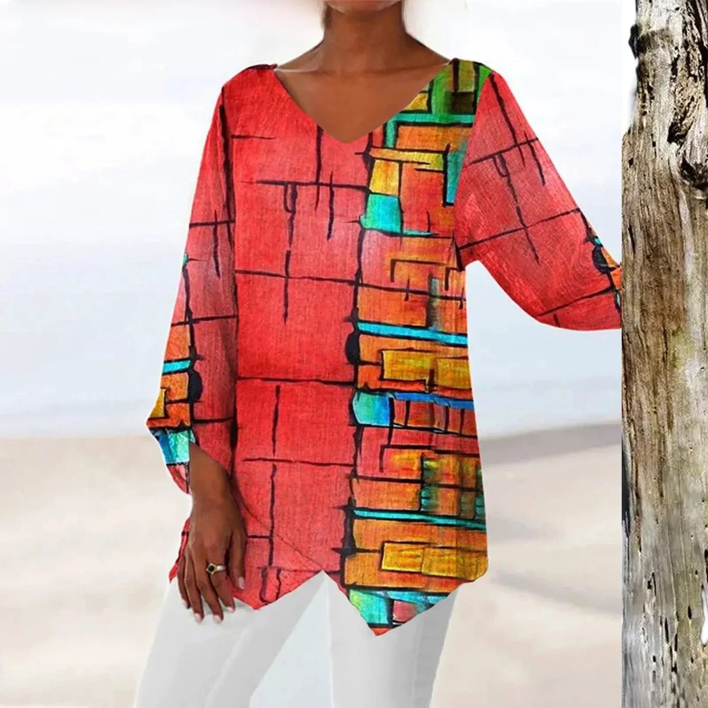 Women's vintage V-neck long sleeve top with elegant print, lightweight breathable fabric, relaxed fit