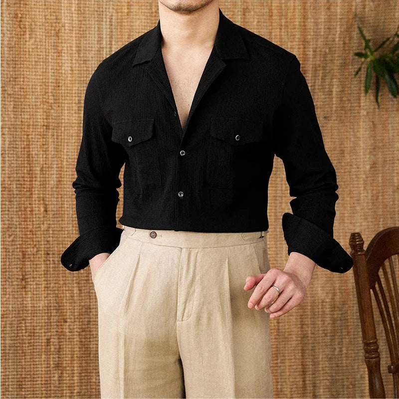 Men's classic fit cotton blend long sleeve shirt with chest pockets, versatile everyday essential