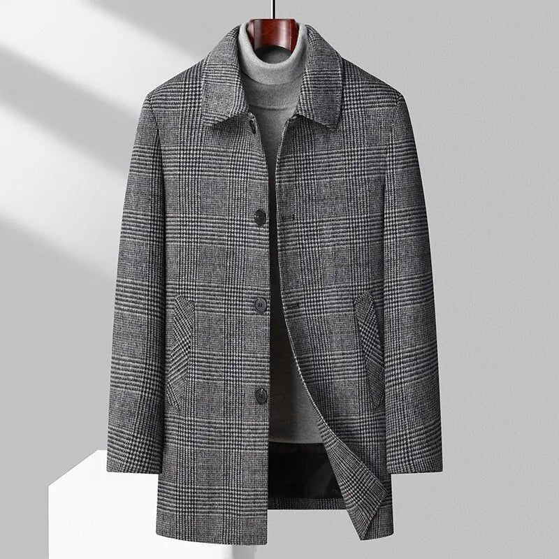 Men's tailored plaid wool overcoat structured shoulders 3/4 length brushed finish classic fit