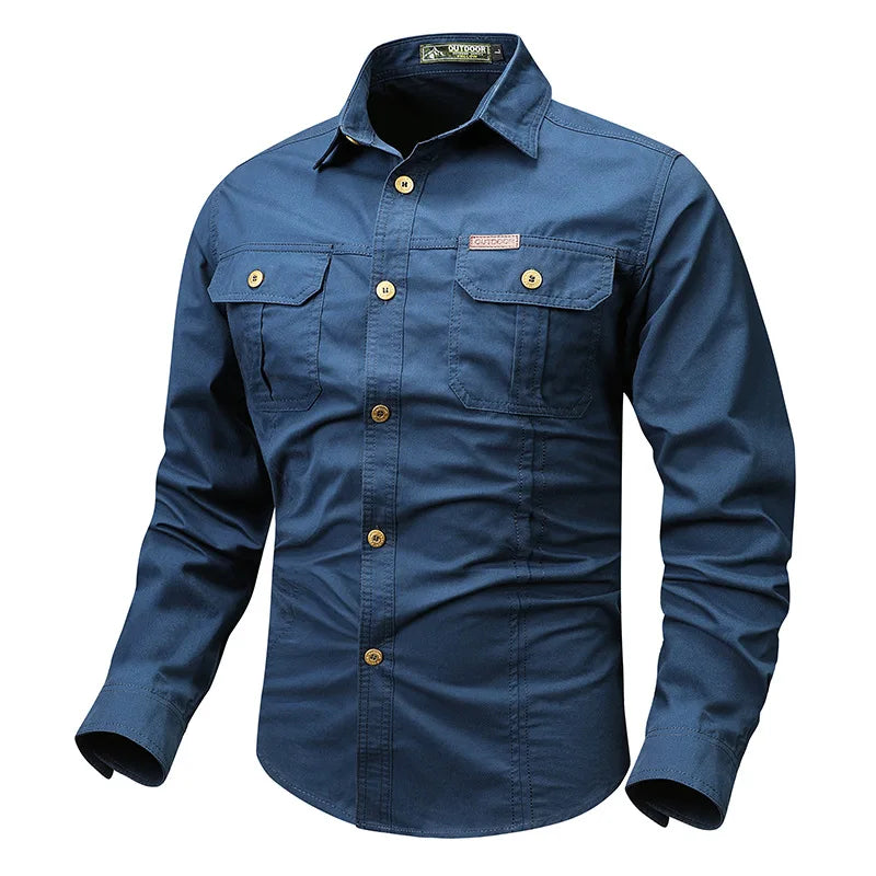 Men's olive utility button-down shirt with rugged fabric and multi-pocket design for outdoor adventures