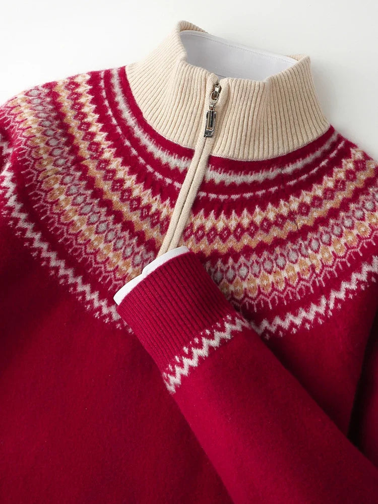 Men's cream Nordic pattern half-zip knit sweater with Scandinavian yoke design for winter layering