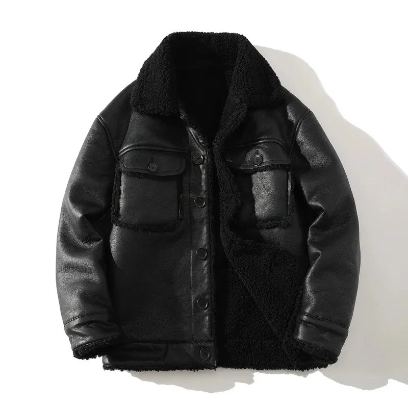 Men's slim fit black faux leather jacket with warm fleece lining, structured waist-length winter outerwear