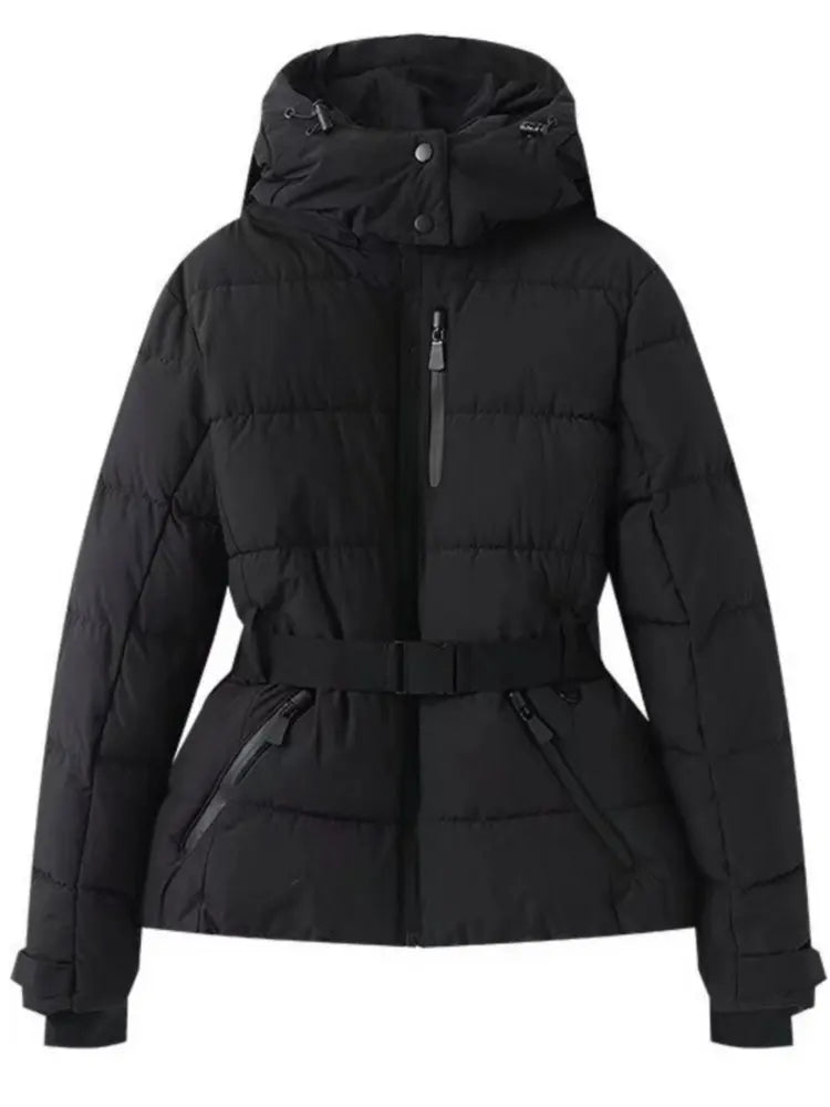 Women's silver metallic belted puffer jacket with adjustable waist belt for cold weather warmth