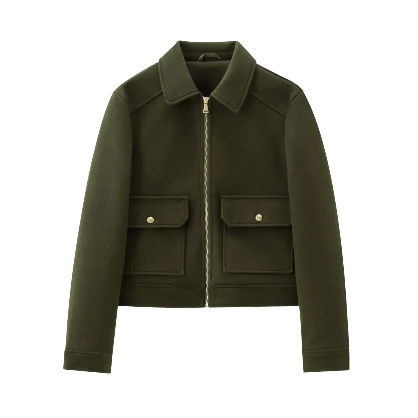 Women's cropped bomber jacket lapel collar zip front flap pockets sleek casual outerwear