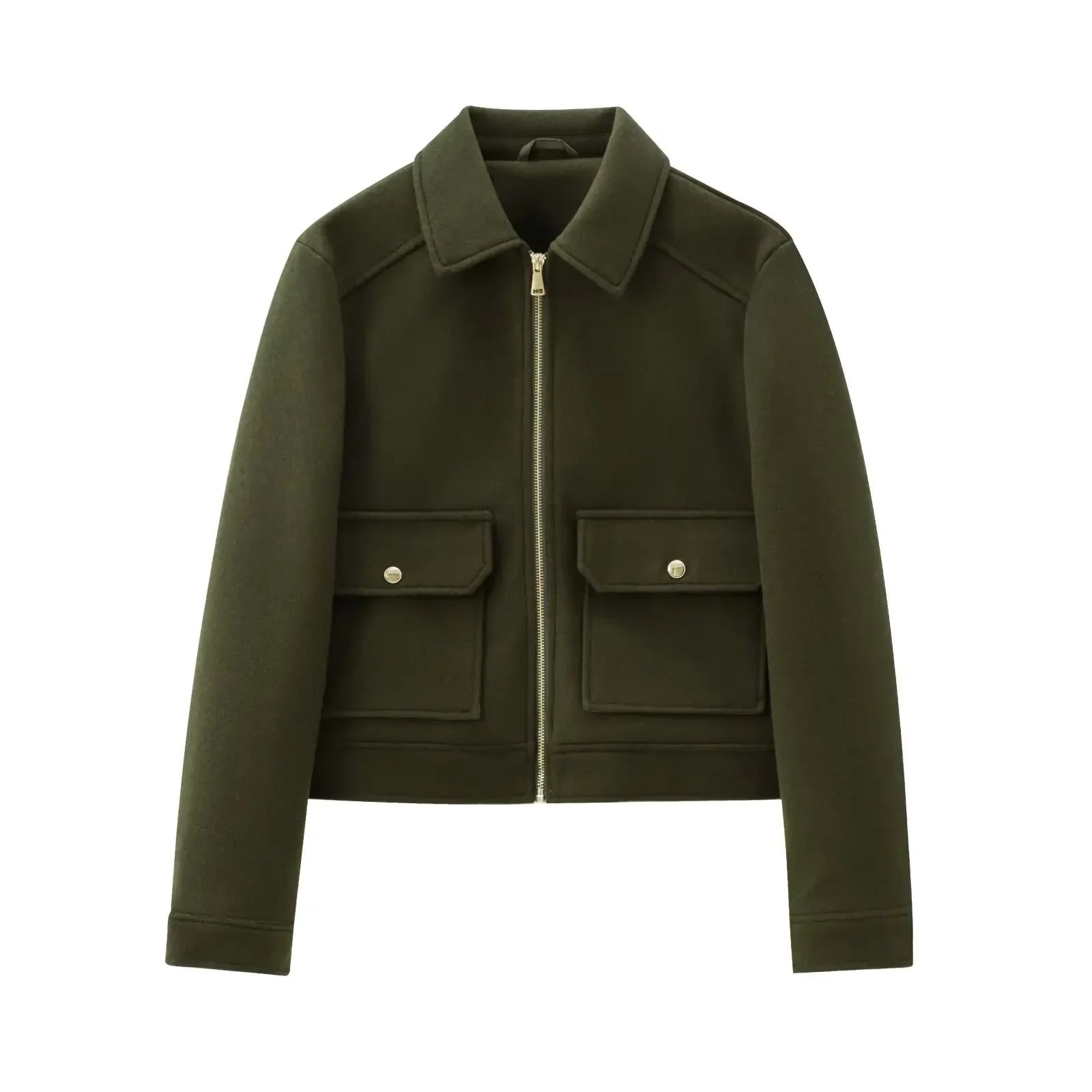 Women's cropped bomber jacket lapel collar zip front flap pockets sleek casual outerwear