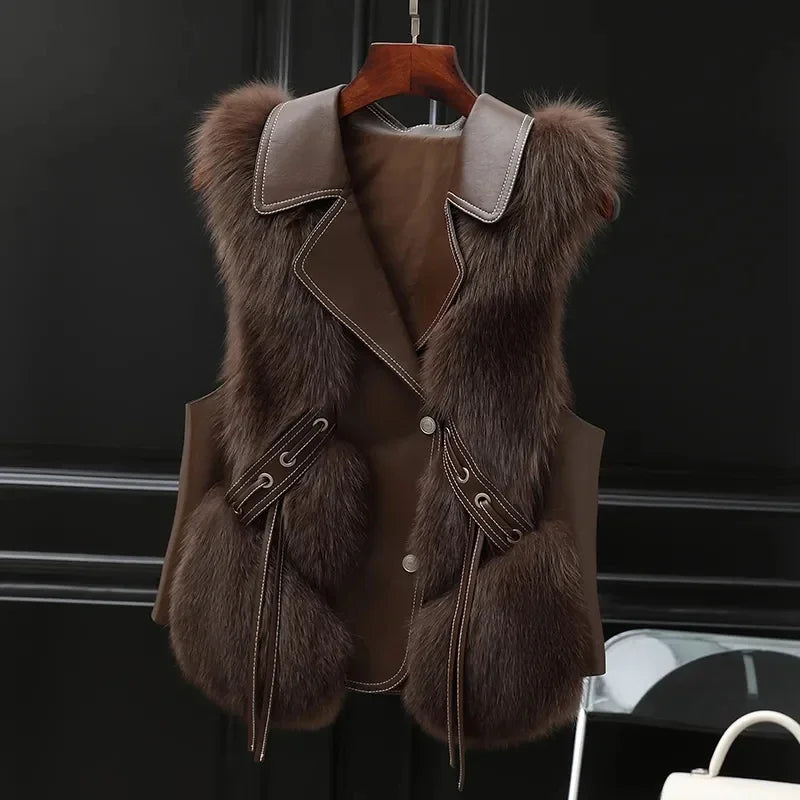 Women's white fur vest regular fit collared sleeveless with tie detail and fur trim for evening