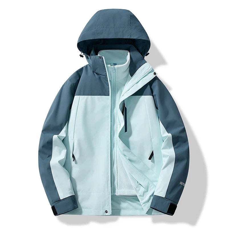 Men's navy blue hooded ski jacket zip-up with all-weather insulated performance design