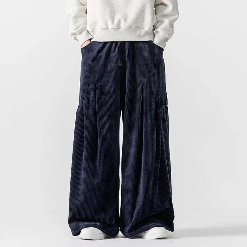 Women's corduroy hakama pants flared wide-leg silhouette elastic waist oversized pleated comfort fit