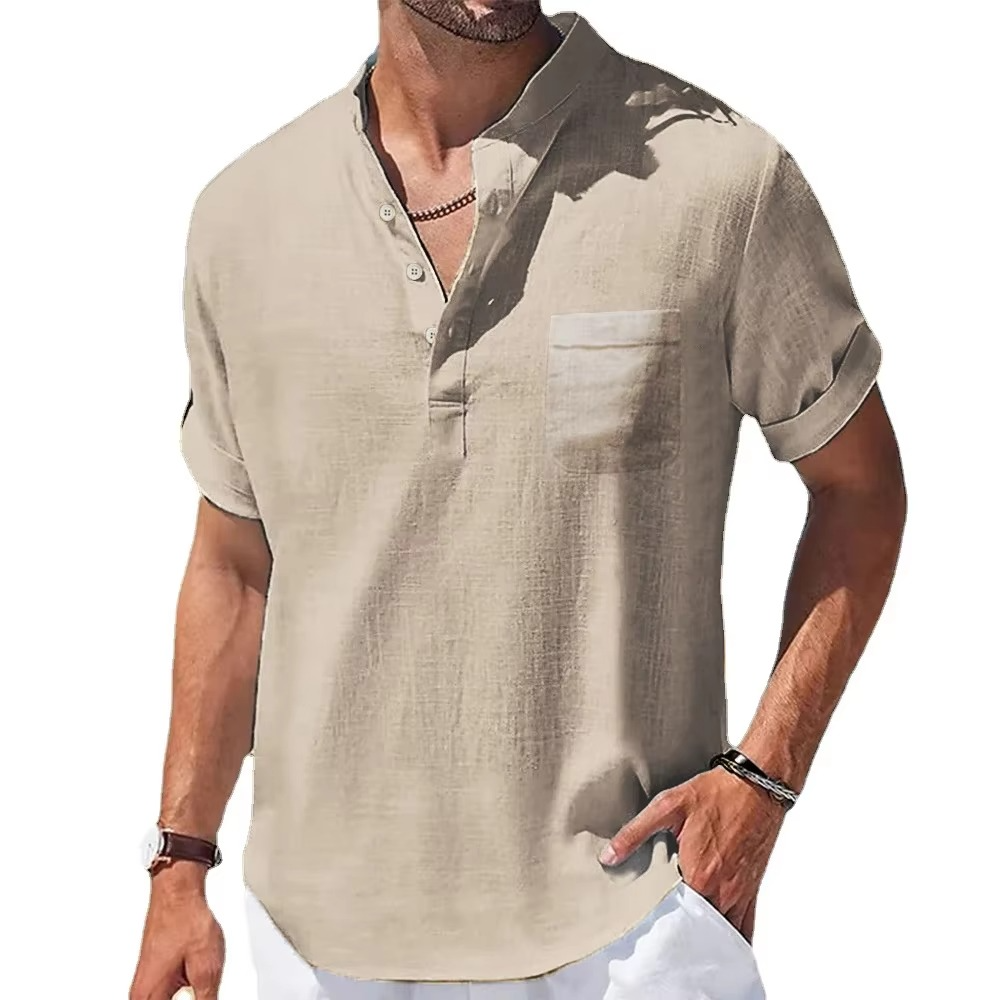 Men's navy cotton linen Henley shirt short sleeve relaxed fit breathable lightweight casual summer top