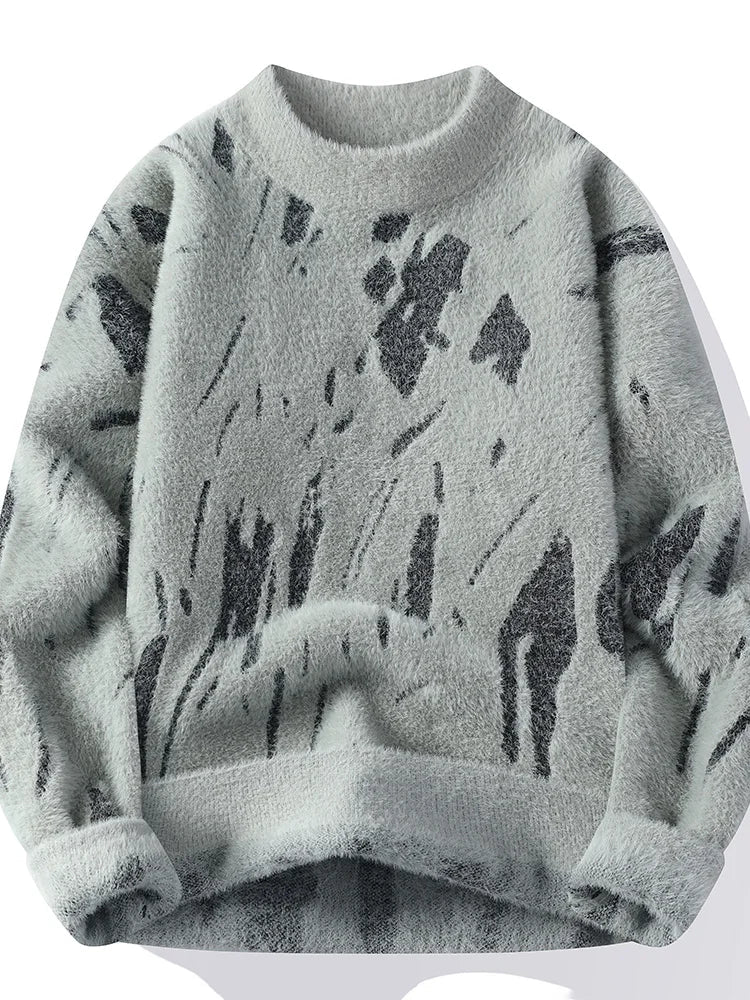Women's abstract brushed knit crew neck sweater in cozy ribbed trim style with soft textured warmth