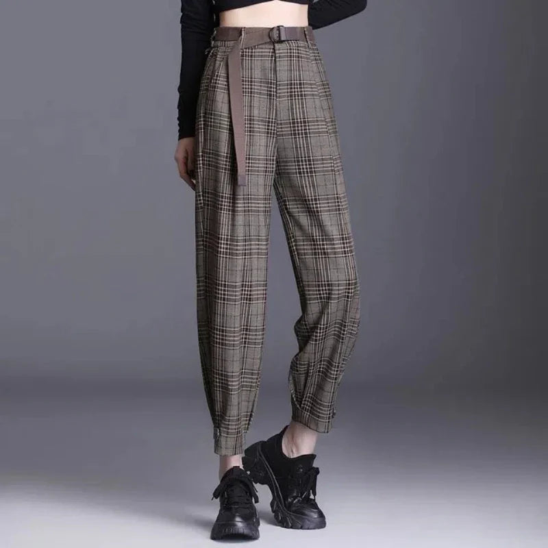 Women's high-waist cropped tapered plaid trousers in classic uptown tailored style