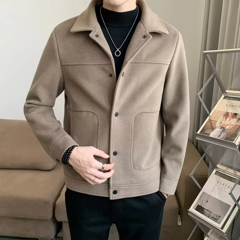 Men's slim fit wool blend short jacket Korean-inspired cropped silhouette versatile outerwear