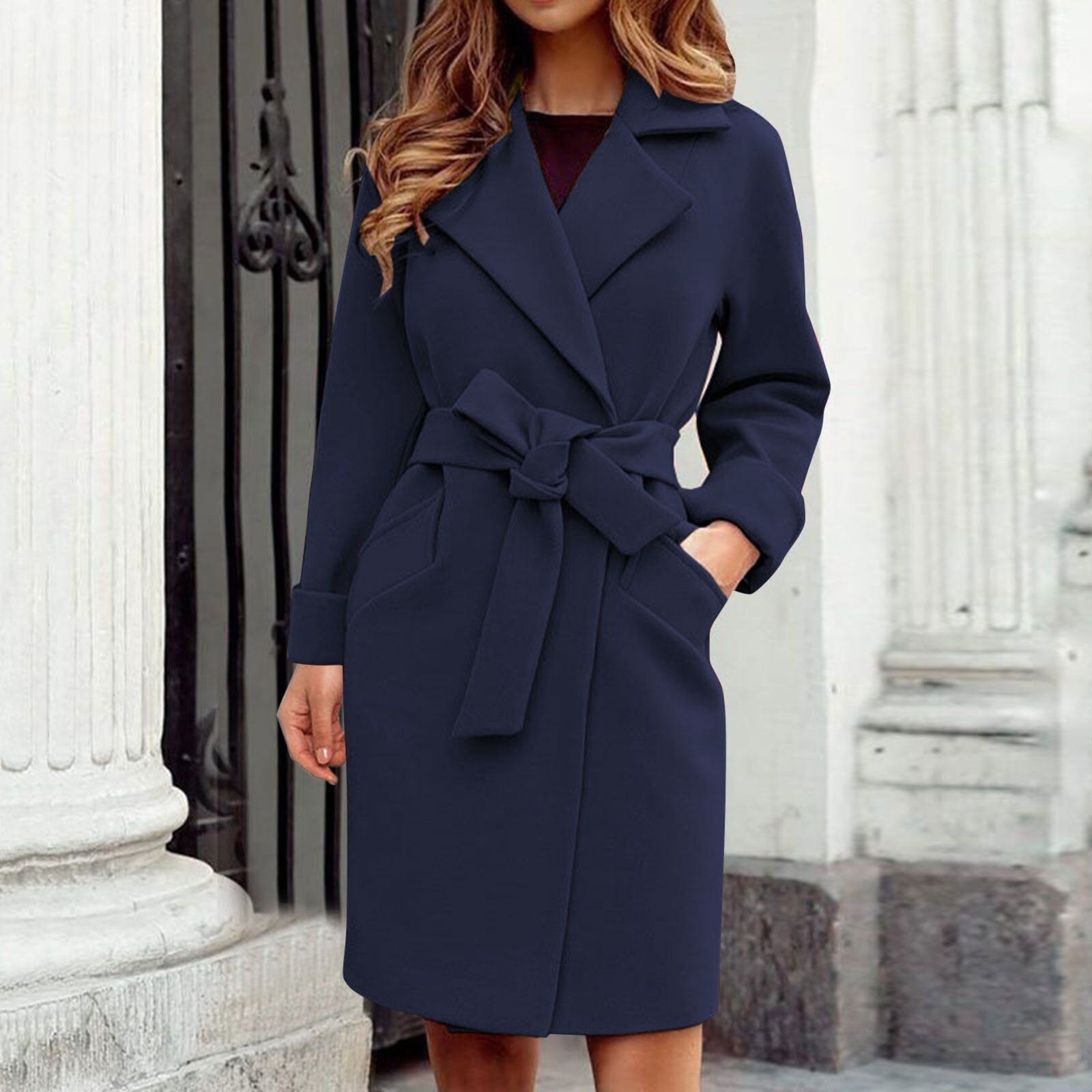 Women's wool blend knee-length trench coat with cashmere tie belt, wide lapels, polished work style