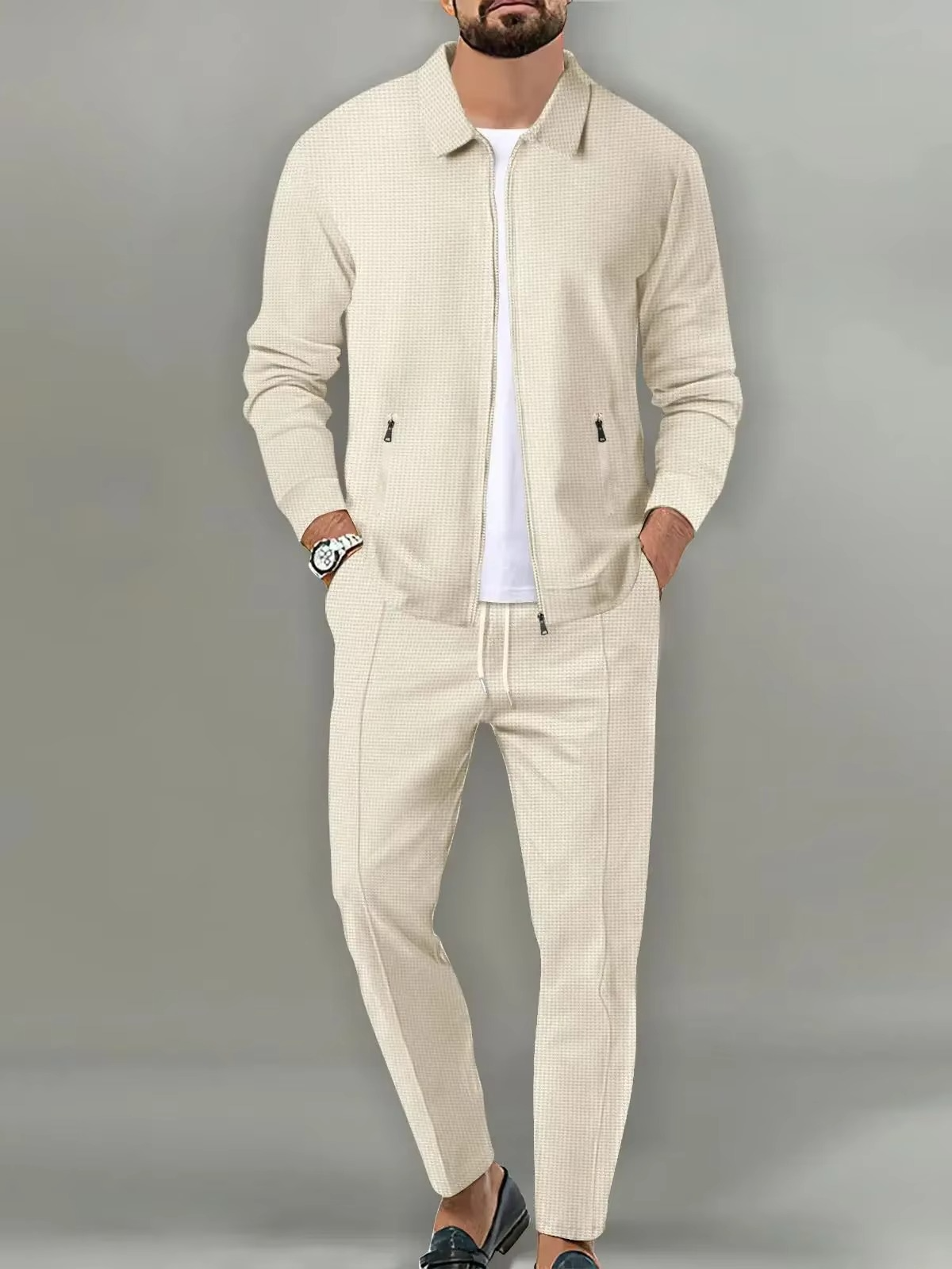 Men's two-piece polo jacket set with matching drawstring pants, long sleeve coordinated casual style