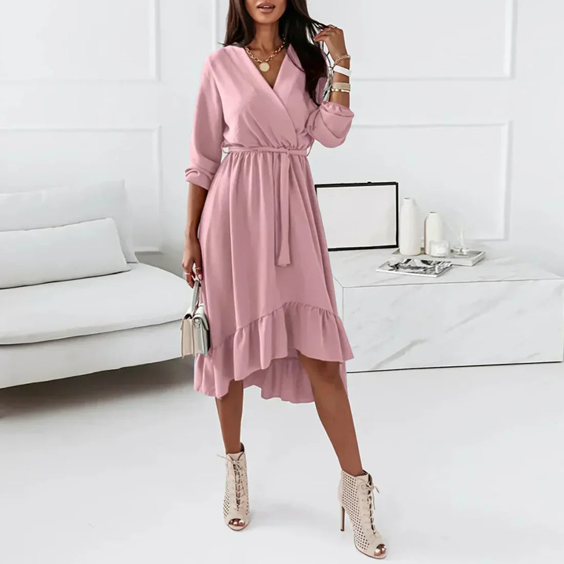 Women's elegant wrap dress flowing silhouette long sleeves waist-accentuating versatile occasion wear