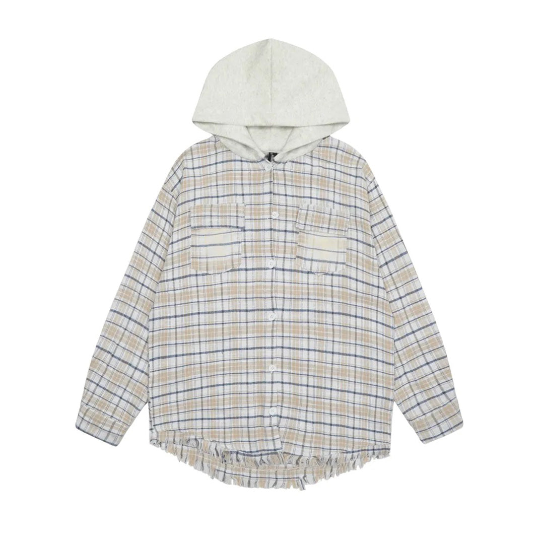Unisex plaid hooded shirt modern loose fit raw edge detailing high chest pocket casual style