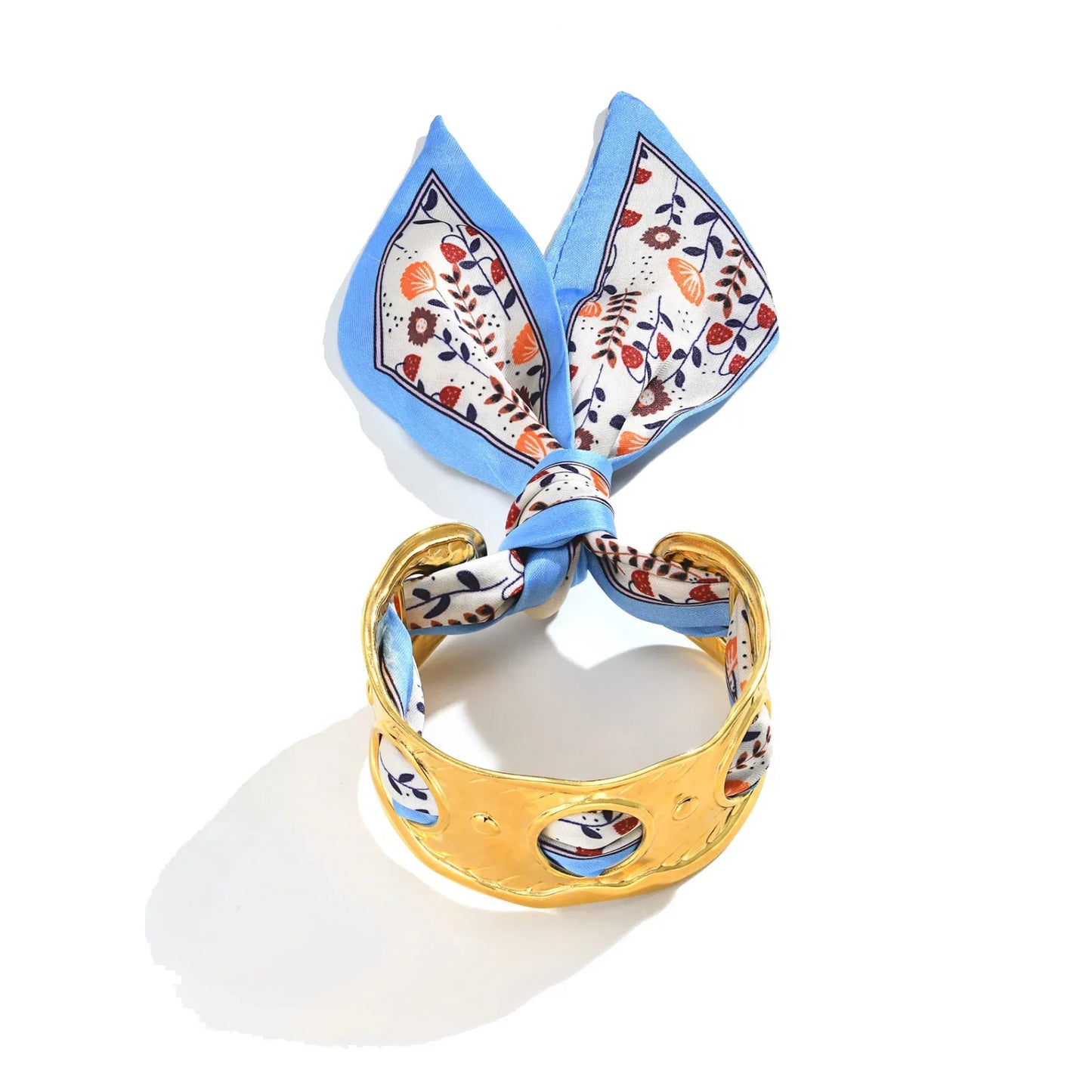 Bellavista gold-plated wrap bangle with hand-tied silk scarf, bold spring summer statement jewelry