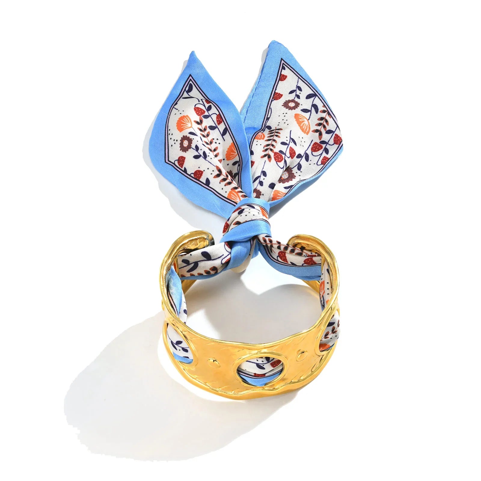 Bellavista gold-plated wrap bangle with hand-tied silk scarf, bold spring summer statement jewelry