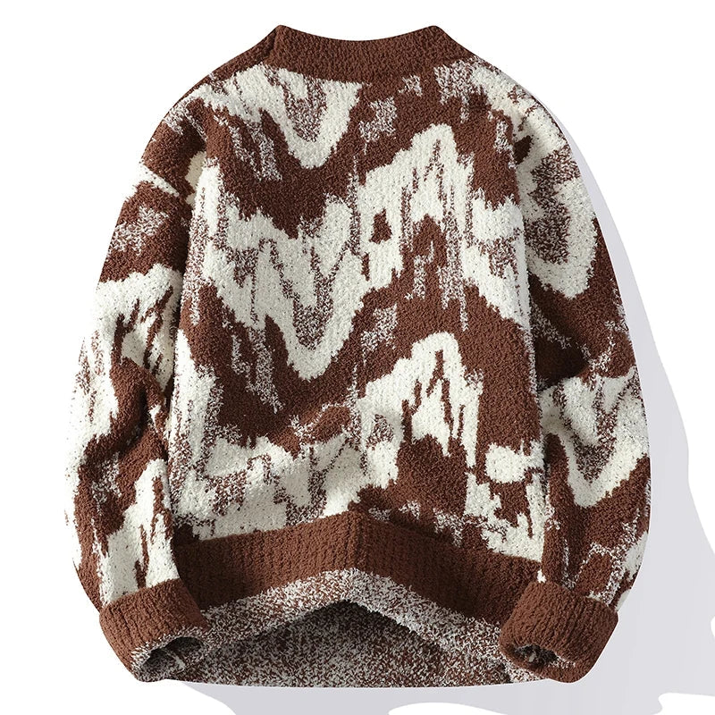 Women's black and white abstract textured knit sweater crew neck bold patterned mid-weight pullover