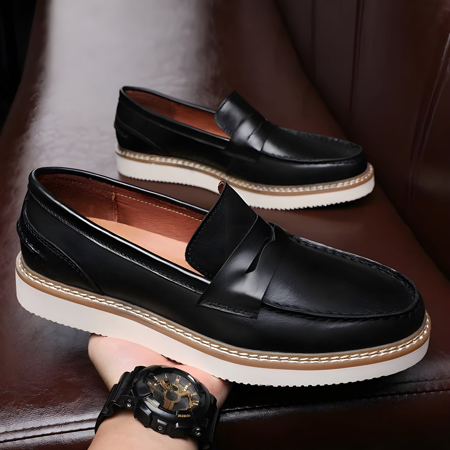 Men's two-tone patina penny loafers premium cowhide leather cushioned insoles classic slip-on style