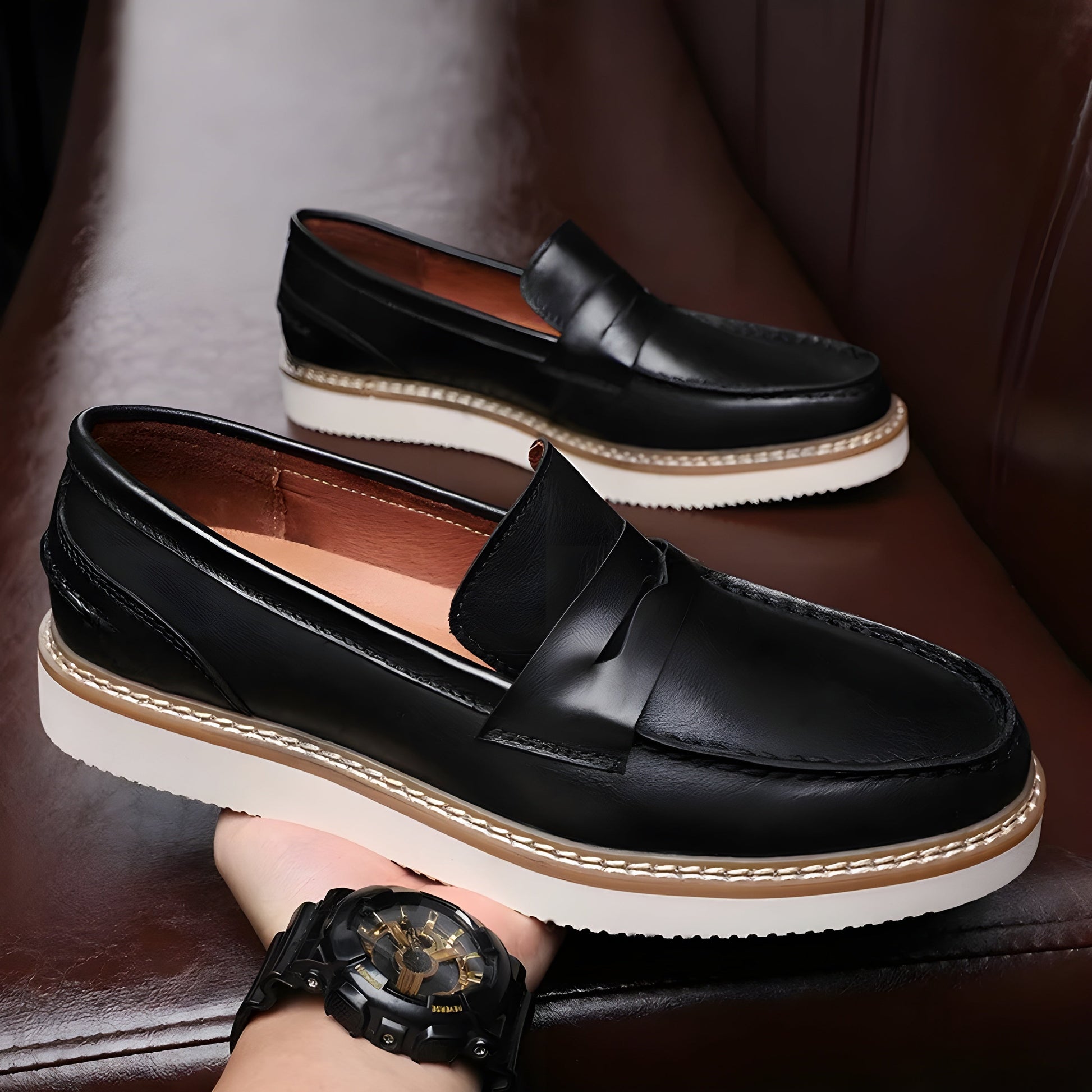 Men's two-tone patina penny loafers premium cowhide leather cushioned insoles classic slip-on style