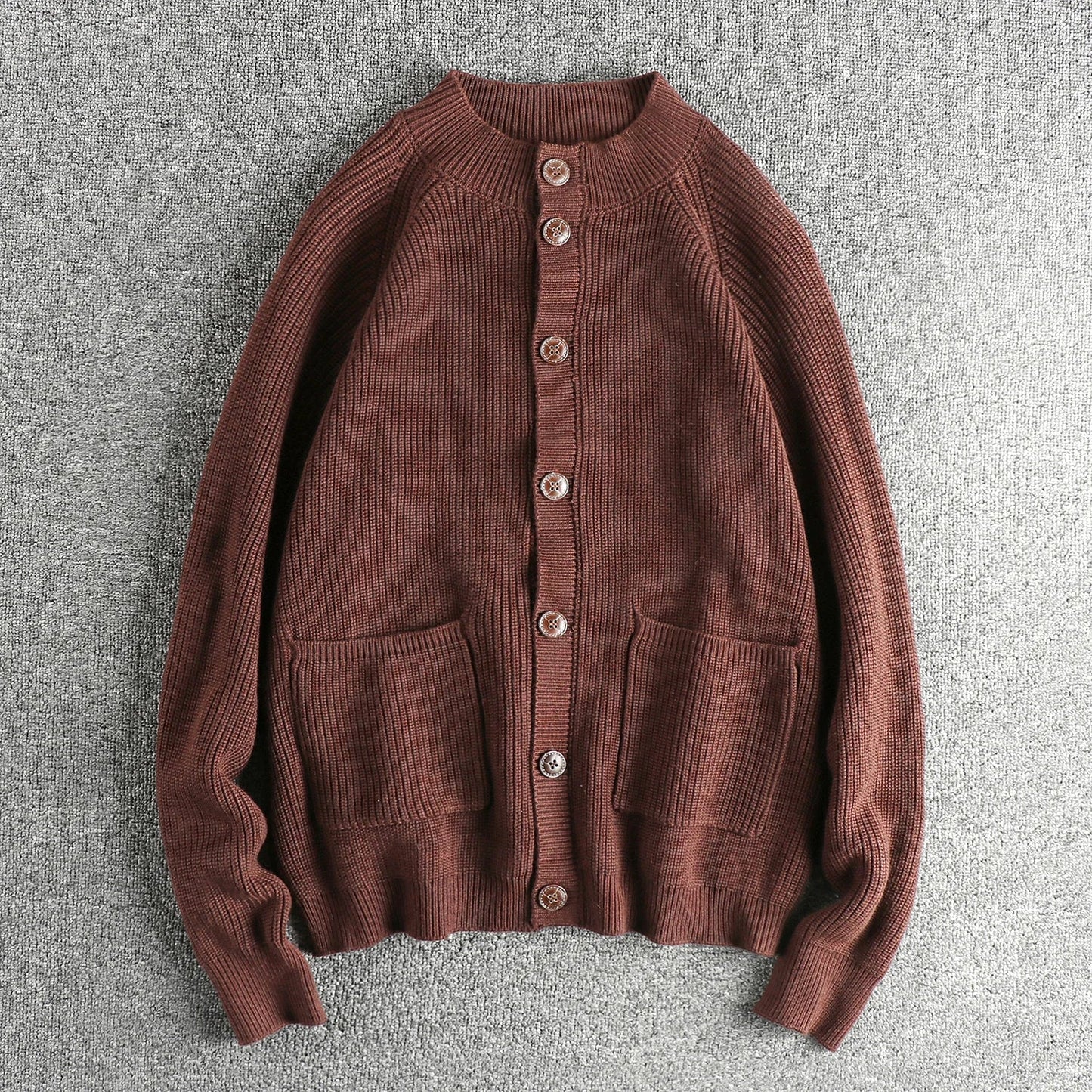 Unisex relaxed-fit ribbed knit button cardigan with pockets, timeless everyday layering essential