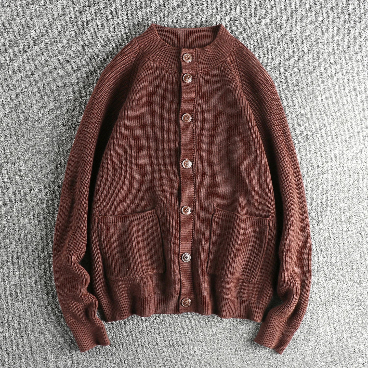 Unisex relaxed-fit ribbed knit button cardigan with pockets, timeless everyday layering essential