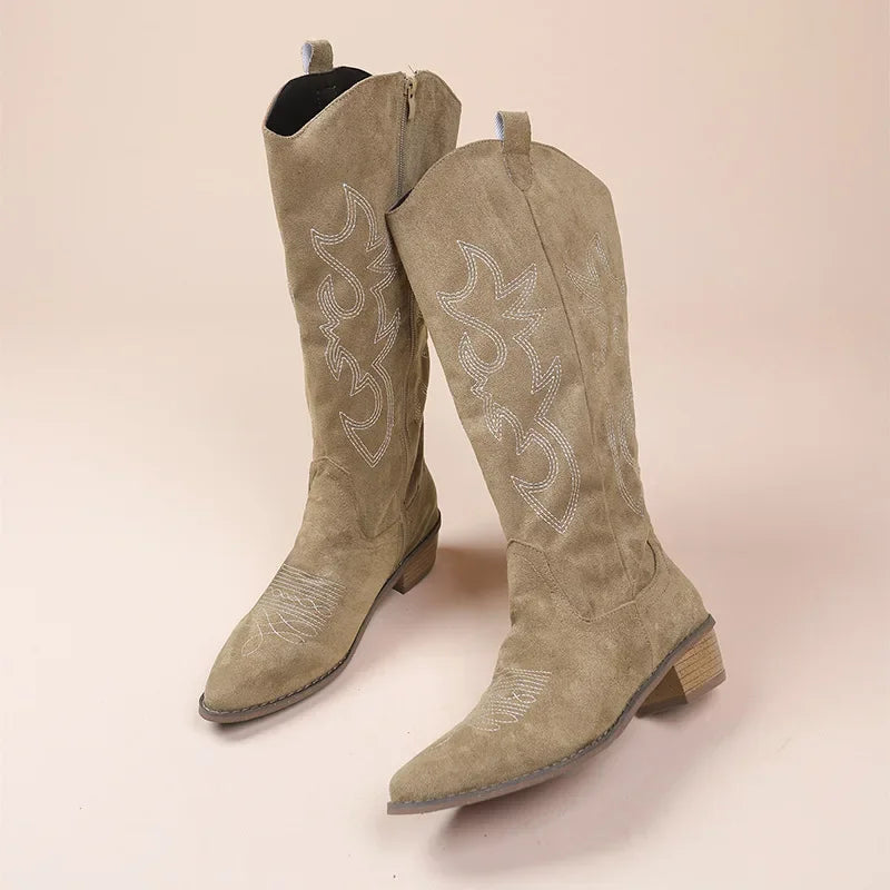 Women's mid-calf cowboy boots suede texture white embroidered shaft low heel western festival style
