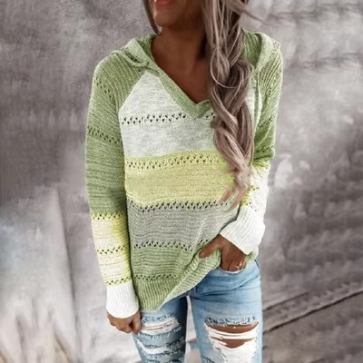 Women's cozy patchwork hooded sweater long sleeve striped knit pullover in multicolor casual fit