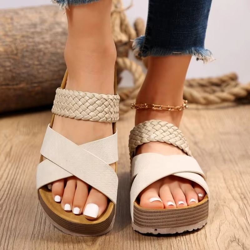 Women's brown open-toe platform slip-on sandals with cushioned sole, extended sizes up to 12