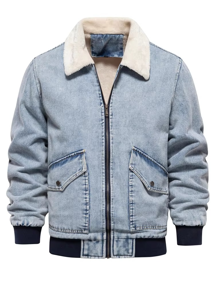 Men's fleece-lined denim jacket with faux fur collar, rugged winter style in classic blue