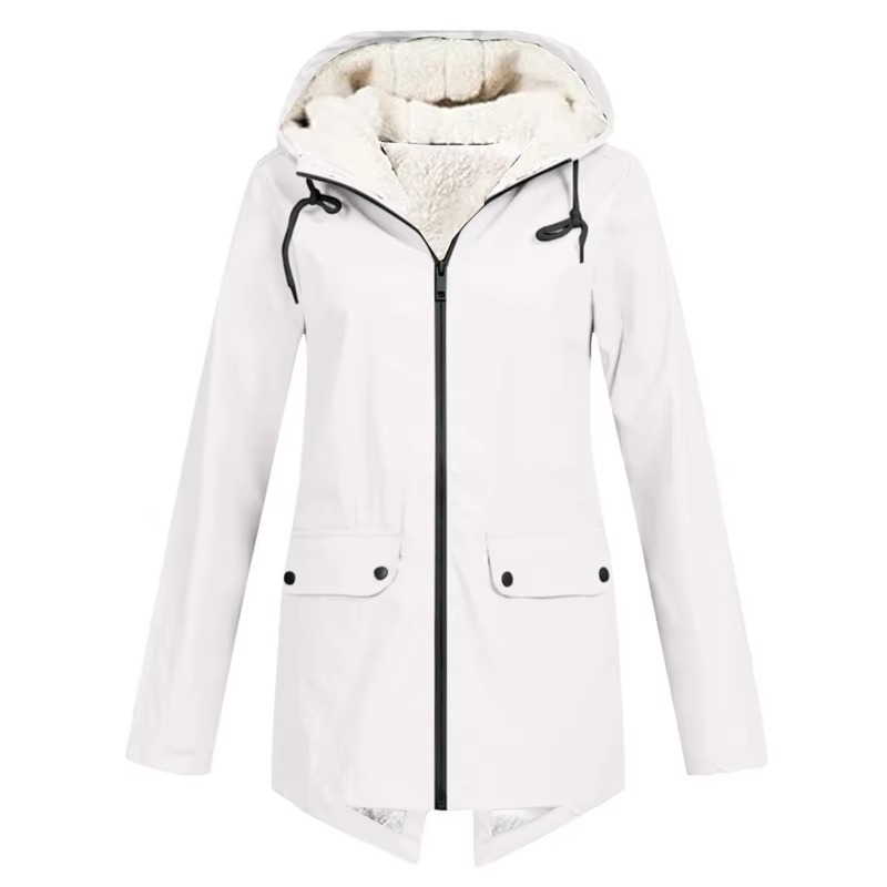 Women's waterproof hooded trench coat windbreaker with velvet lining, sleek all-weather style