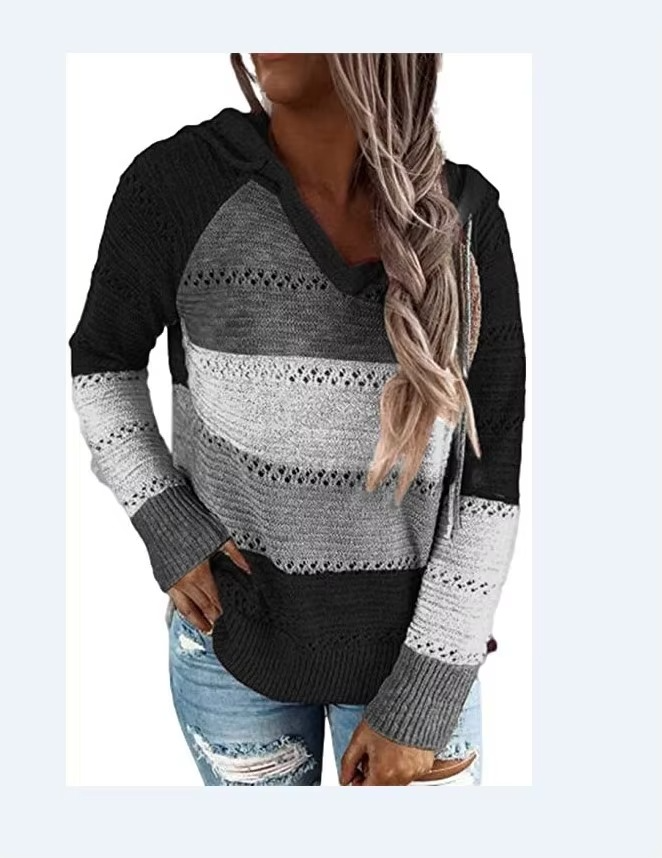Women's cozy patchwork hooded sweater long sleeve striped knit pullover in multicolor casual fit