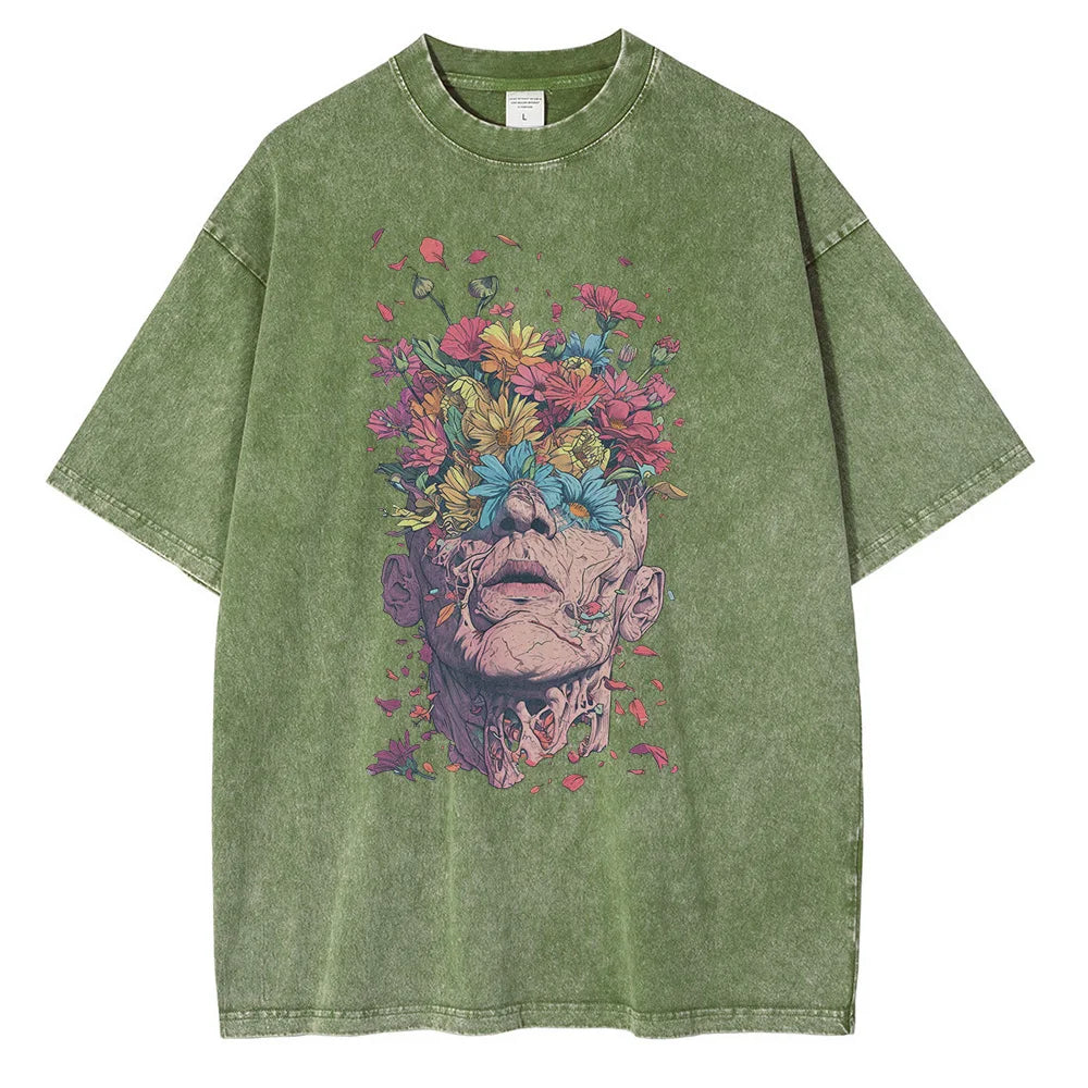 Men's oversized white graphic tee with intricate Titan Bloom floral print, premium breathable cotton