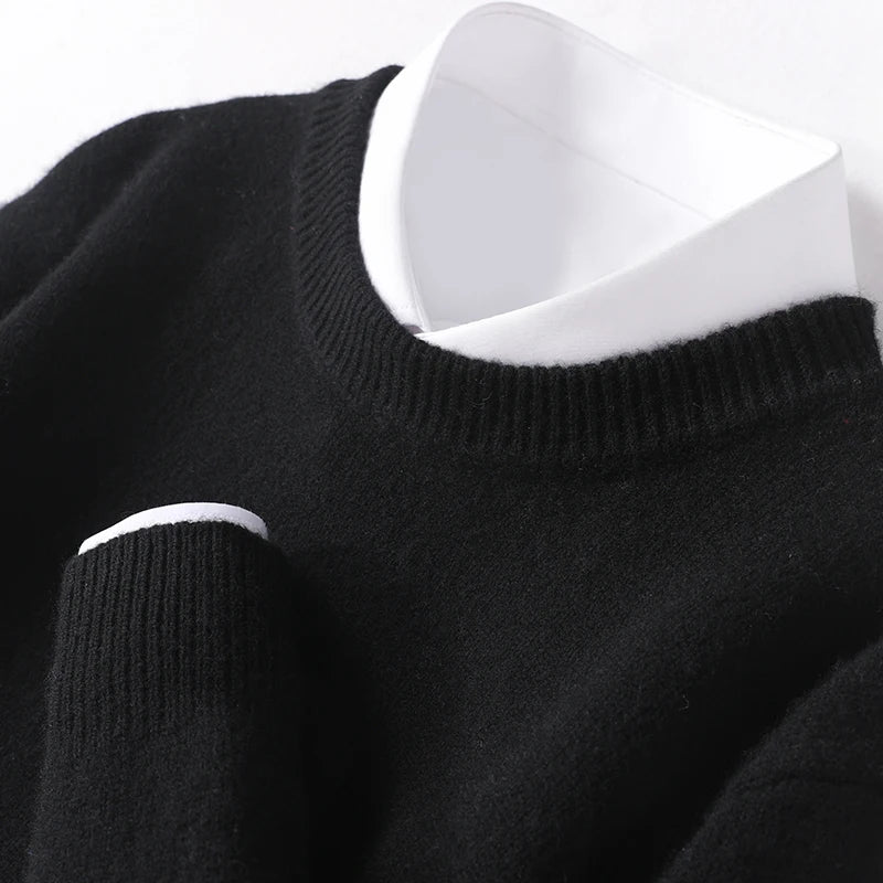 Men's merino wool crew neck pullover in classic neutral tone, regular fit with soft breathable warmth