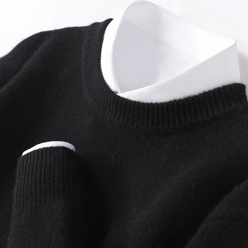 Men's merino wool crew neck pullover in classic neutral tone, regular fit with soft breathable warmth
