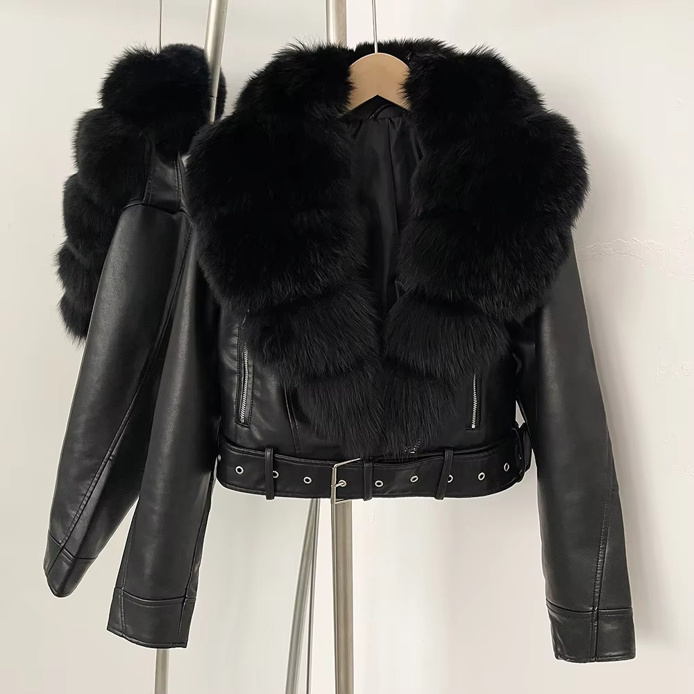 Women's black faux leather coat with faux fur collar, lightweight chic winter style