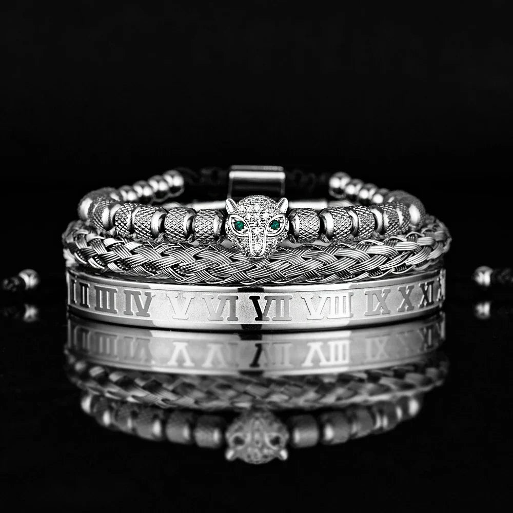 Women's crystal beaded panther charm bracelet set with braided cuff duo, bold layered wrist stack