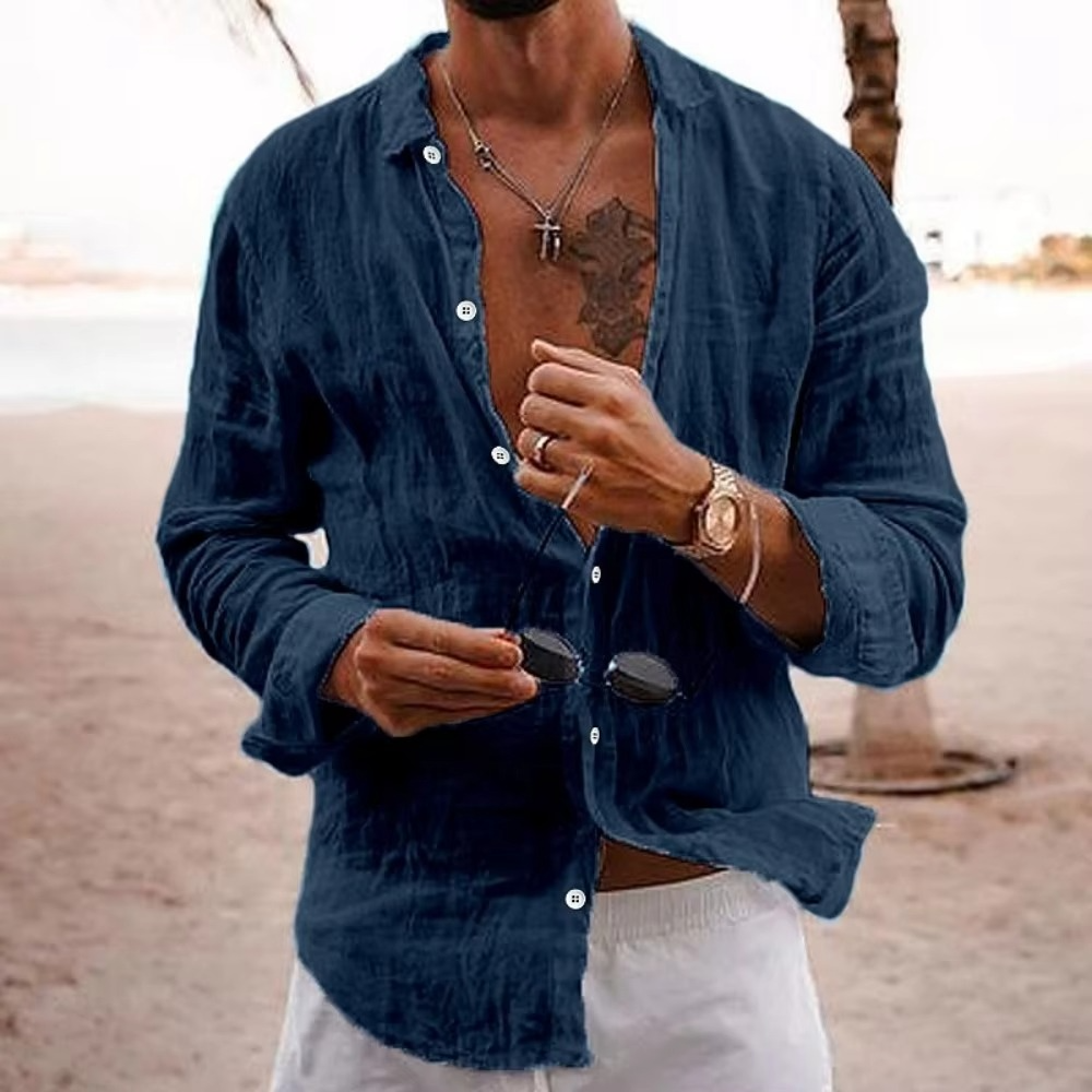Men's cotton linen relaxed fit casual shirt, breathable lightweight blend for everyday and vacation wear