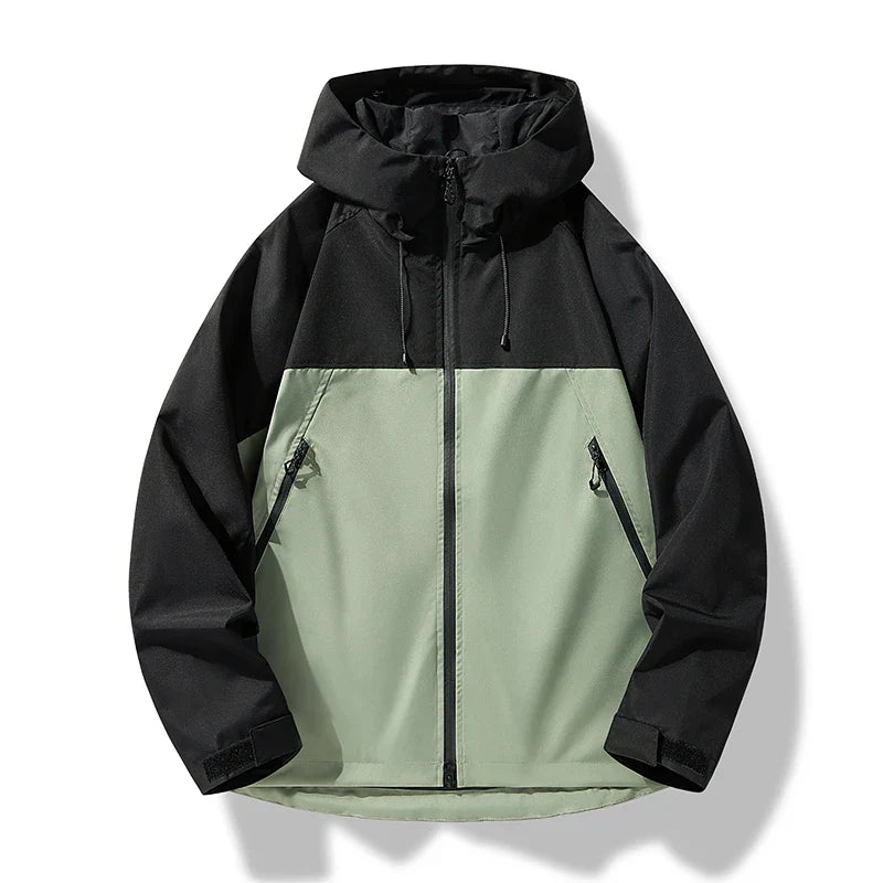 Men's slim-fit waterproof hooded ski jacket in neutral tone with windproof shell for outdoor wear