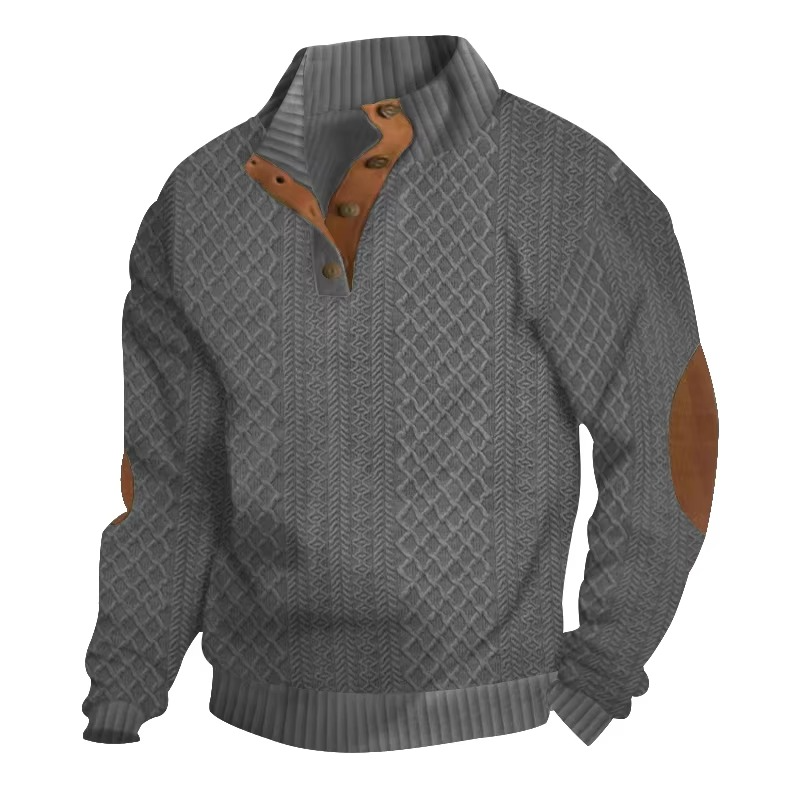 Men's jacquard knit button-front sweater with structured standing collar in versatile casual style