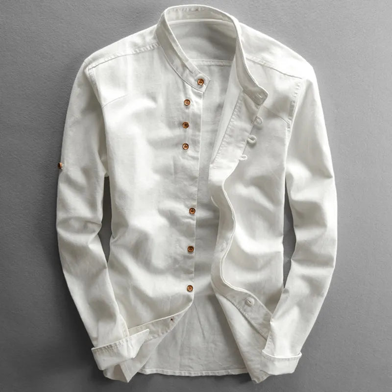 Men's lightweight mandarin collar shirt smart casual long-sleeve asymmetrical button placket