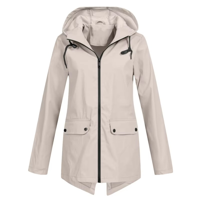 Women's waterproof hooded trench coat windbreaker with velvet lining, sleek all-weather style