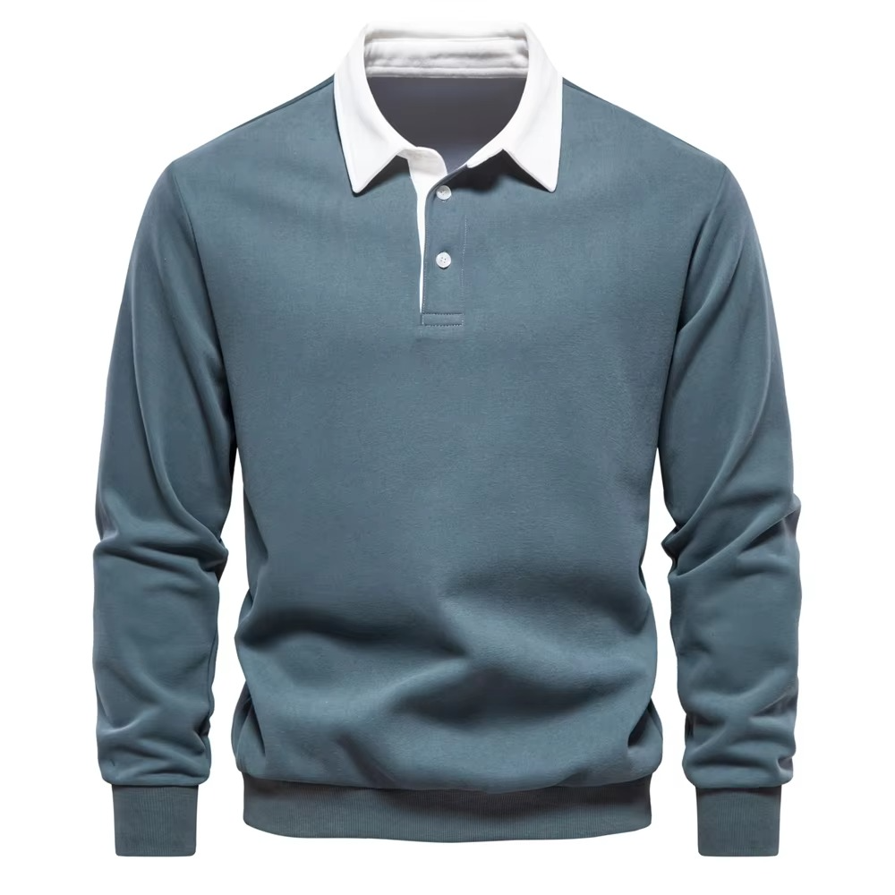 Men's navy blue polo neck cotton sweatshirt with ribbed collar, versatile work-to-weekend casual fit