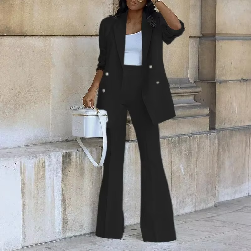 Women's black buttoned blazer and flared pants two-piece set elegant work-to-evening silhouette