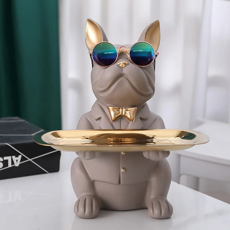 Bulldog figurine tray white resin desk organizer gold bow tie contemporary luxury home decor