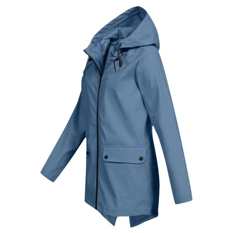 Women's waterproof hooded trench coat windbreaker with velvet lining, stylish all-weather outerwear