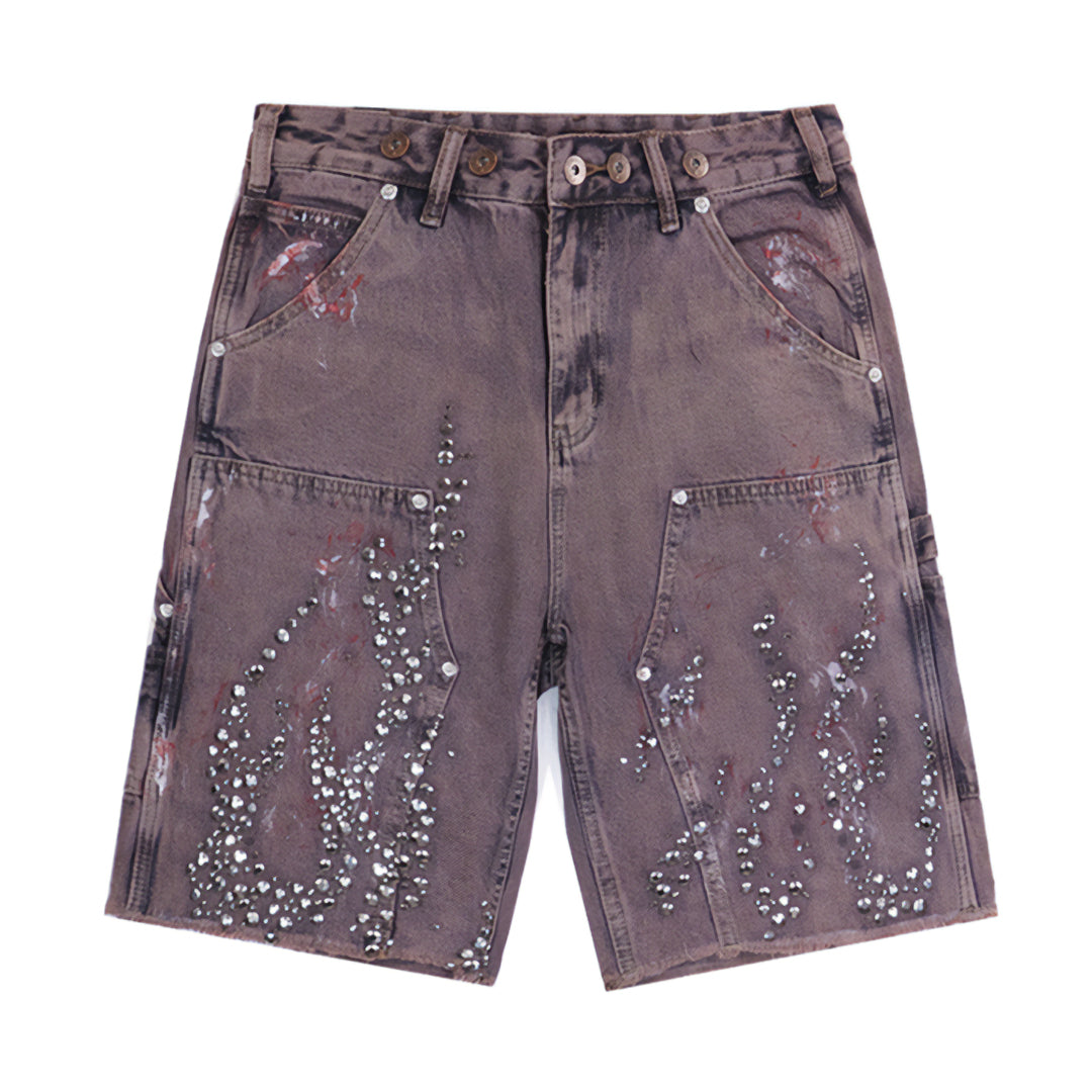 Blue denim loose-fit carpenter shorts with rhinestone flame studs and side pockets