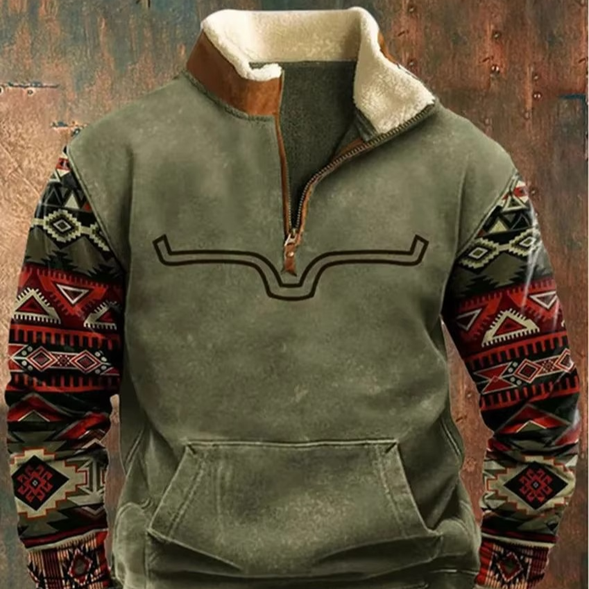 Men's retro 3D printed hooded jacket black faux leather collar full-zip bold streetwear