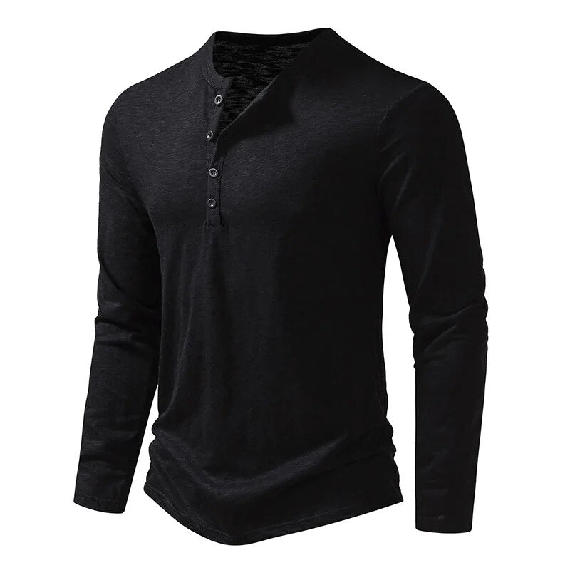 Men's solid henley shirt regular fit breathable cotton casual classic button placket neckline